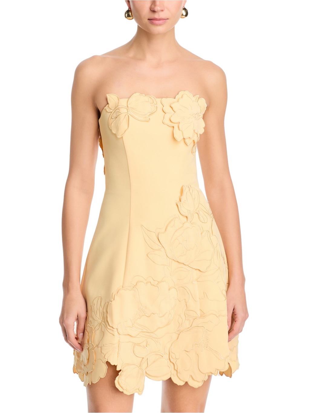 Nwt Leo Lin Ayla Strapless Floral Appliqu Mini Dress In Pale Yellow